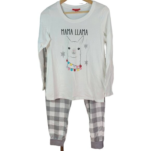 Macy's Family Pajamas Matching Set Mama Llama 2 PCS Cream Gray Med Plaid Lounge - Picture 1 of 12